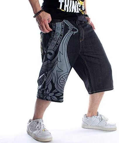 QBO Men's Rhino Hip-hop Embroidery Loose Denim Short Baggy Jeans in Saudi Arabia