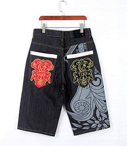 QBO Men's Rhino Hip-hop Embroidery Loose Denim Short Baggy Jeans in Saudi Arabia