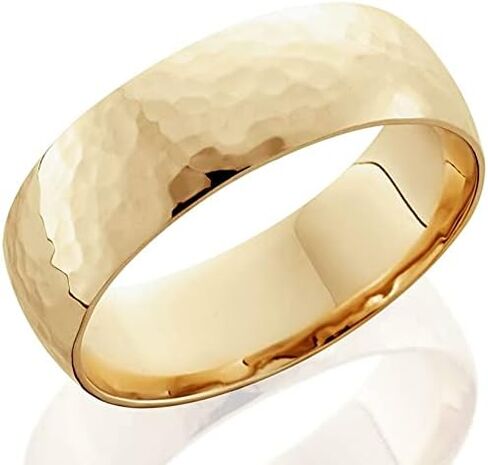 14K Yellow Gold 7mm High Polished Ring Hammered Men's Wedding Band in Saudi Arabia
