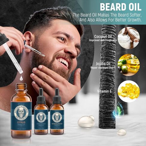 مجموعة العناية باللحية للرجال من بي إف وود - مجموعة العناية باللحية، هدايا عيد ميلاد للرجال مع مشط اللحية، فرشاة اللحية، مقص اللحية، 3 زيوت للحية، 3 بلسم للحية، حقيبة سفر، صندوق هدايا - مجموعة نمو اللحية لشارب مرطب وصحي in Kuwait