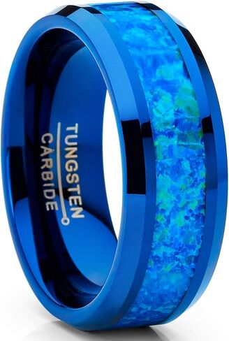 Metal Masters Co. Men's Blue Green Crushed Simulated Opal Tungsten Wedding Band Ring Comfort Fit 8MM in Saudi Arabia