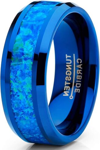 Metal Masters Co. Men's Blue Green Crushed Simulated Opal Tungsten Wedding Band Ring Comfort Fit 8MM in Saudi Arabia