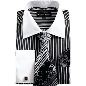 Fortino Landi Men's Striped Dress Shirt w/French Cuff Links Tie and Hanky Set #631 1/2 36/37 in Saudi Arabia