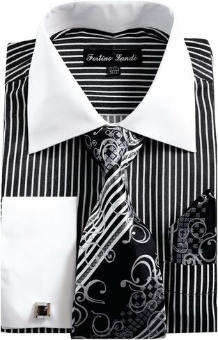 Fortino Landi Men's Striped Dress Shirt w/French Cuff Links Tie and Hanky Set #631 1/2 36/37 in Saudi Arabia