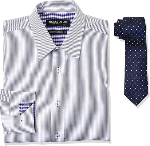 Nick Graham Men's Modern Fitted Pencil Strip Stretch Shirt with Micro Neat Tie in Kuwait