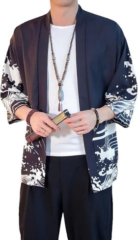 PRIJOUHE Men's Lightweight Kimono Jacket Seven Sleeve Open Front Cardigan Coat Japanese Style Bathrobe in Kuwait