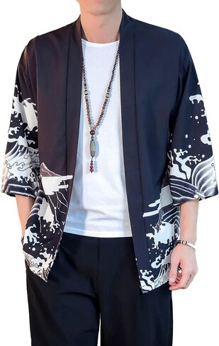 PRIJOUHE Men's Lightweight Kimono Jacket Seven Sleeve Open Front Cardigan Coat Japanese Style Bathrobe in Kuwait