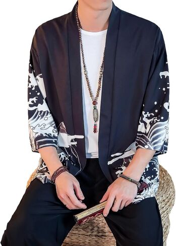 PRIJOUHE Men's Lightweight Kimono Jacket Seven Sleeve Open Front Cardigan Coat Japanese Style Bathrobe in Kuwait