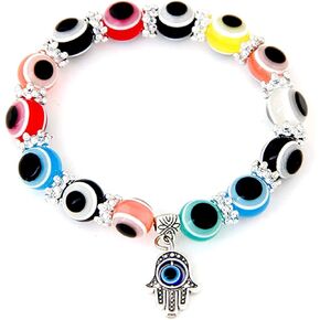 Evil Eye Beaded Bracelet Lucky Handmade Stretchy Fatima of Hamsa Hand Pendant Seed Bead Bracelet for Women Men Girl Boy Teen Protection Amulet Jewelry Gift