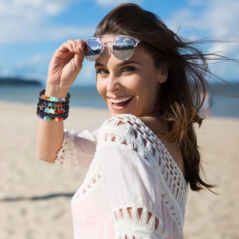 Bohemian Natural Stone Beaded Bracelets for Women Girls Stackable Stretch Beads Bracelet Set with Charm and Tassel Multilayered Elastic Gemstone Bracelets Summer Beach Boho Jewelry Gift for Women Men in Saudi Arabia