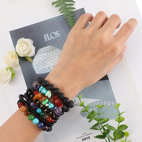 Bohemian Natural Stone Beaded Bracelets for Women Girls Stackable Stretch Beads Bracelet Set with Charm and Tassel Multilayered Elastic Gemstone Bracelets Summer Beach Boho Jewelry Gift for Women Men in Saudi Arabia