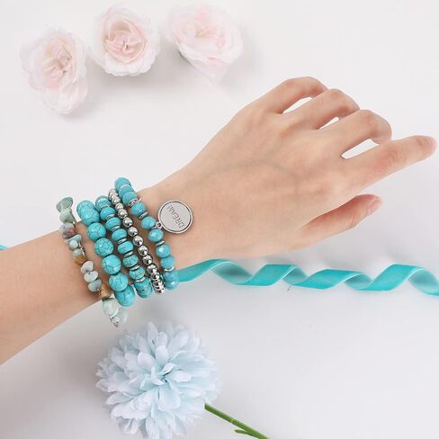 Bohemian Natural Stone Beaded Bracelets for Women Girls Stackable Stretch Beads Bracelet Set with Charm and Tassel Multilayered Elastic Gemstone Bracelets Summer Beach Boho Jewelry Gift for Women Men in Saudi Arabia