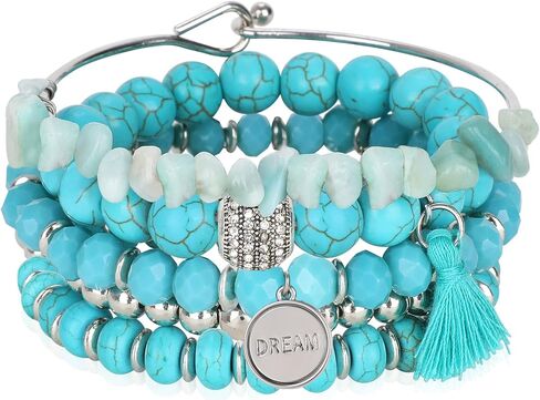 Bohemian Natural Stone Beaded Bracelets for Women Girls Stackable Stretch Beads Bracelet Set with Charm and Tassel Multilayered Elastic Gemstone Bracelets Summer Beach Boho Jewelry Gift for Women Men in Saudi Arabia