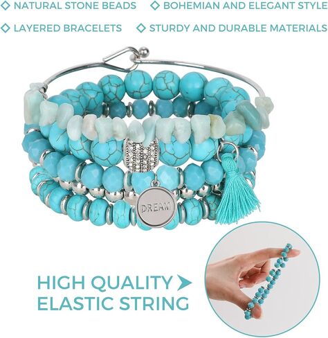 Bohemian Natural Stone Beaded Bracelets for Women Girls Stackable Stretch Beads Bracelet Set with Charm and Tassel Multilayered Elastic Gemstone Bracelets Summer Beach Boho Jewelry Gift for Women Men in Saudi Arabia
