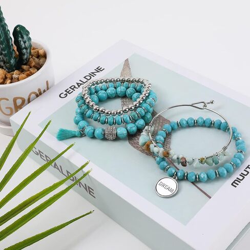 Bohemian Natural Stone Beaded Bracelets for Women Girls Stackable Stretch Beads Bracelet Set with Charm and Tassel Multilayered Elastic Gemstone Bracelets Summer Beach Boho Jewelry Gift for Women Men in Saudi Arabia