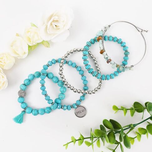 Bohemian Natural Stone Beaded Bracelets for Women Girls Stackable Stretch Beads Bracelet Set with Charm and Tassel Multilayered Elastic Gemstone Bracelets Summer Beach Boho Jewelry Gift for Women Men in Saudi Arabia