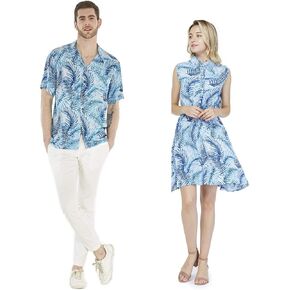 Couple Matching Hawaiian Luau Cruise Outfit Shirt Dress Simply Blue Leaf in Saudi Arabia