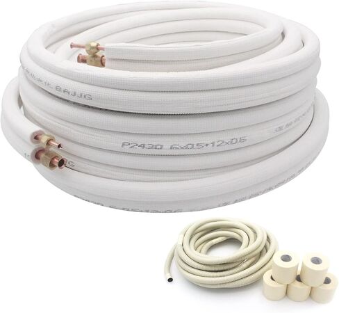 50 Ft Air Conditioning Copper Tubing Pipe Extension, 1/4" 1/2" 3/8" PE Thickened for Mini Split AC and Heating Equipment Insulated Coil Line HVAC Refrigerant with Nuts (1/4" & 1/2"* 3/8" PE WITH NUTS) in Kuwait