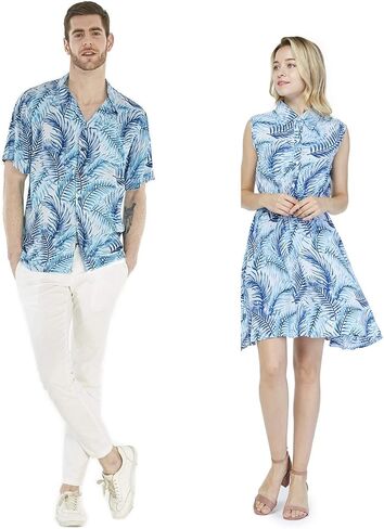 Couple Matching Hawaiian Luau Cruise Outfit Shirt Dress Simply Blue Leaf in Saudi Arabia