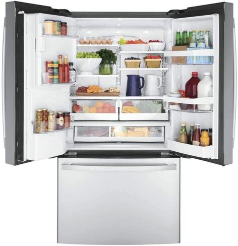 GE GYE22GYNFS 36" French Door Counter Depth Refrigerator with 22.1 cu. ft. Total Capacity Space Saving Ice Maker Showcase LED Lighting in Stainless Steel in Saudi Arabia