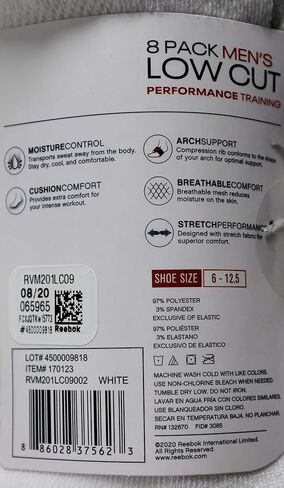 Reebok Men's Low Cut Socks Cushion Performance Training, White, 8 Pairs in Saudi Arabia