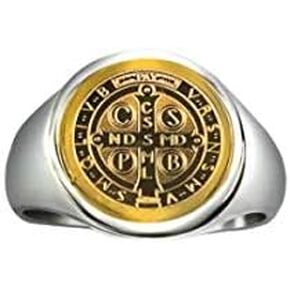 Catholic Unisex Gold Saint Benedict Ring Stainless Steel Catholic St Benedict Ring-St Benedict Holy Prayer Card Included (Gold) in Saudi Arabia