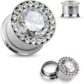 Blue Palm Jewelry Pair of 00 Gauge 10mm CZ Centered CZ Rim Surgical Steel Double Flared Screw FE37 in Kuwait