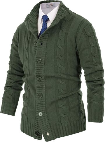 Mens Casual Stand Collar Cardigan Button Down Cable Knitted Sweater in Saudi Arabia