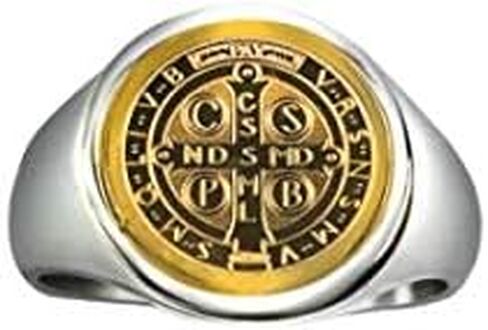 Catholic Unisex Gold Saint Benedict Ring Stainless Steel Catholic St Benedict Ring-St Benedict Holy Prayer Card Included (Gold) in Saudi Arabia