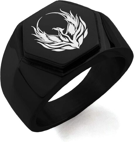 Black IP Plated Stainless Steel Greek Mythology Phoenix Hexagon Crest Flat Top Biker Style Polished Ring, Size 8 in Saudi Arabia
