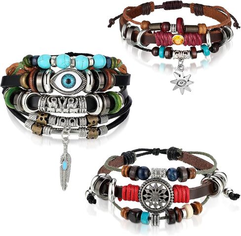 3 Pieces Womens Boho Beaded Bracelets Vintage Bohemia Beaded Bracelet Evil Eye Vintage Handmade PU Leather Bracelet Multilayer Hand Woven Wristbands Bracelet Jewelry for Men and Women in Saudi Arabia