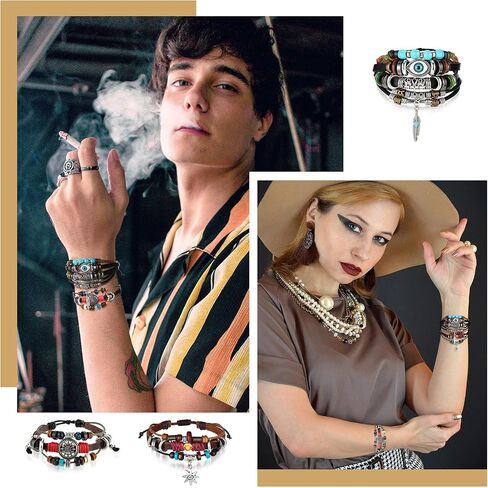 3 Pieces Womens Boho Beaded Bracelets Vintage Bohemia Beaded Bracelet Evil Eye Vintage Handmade PU Leather Bracelet Multilayer Hand Woven Wristbands Bracelet Jewelry for Men and Women in Saudi Arabia