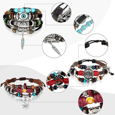 3 Pieces Womens Boho Beaded Bracelets Vintage Bohemia Beaded Bracelet Evil Eye Vintage Handmade PU Leather Bracelet Multilayer Hand Woven Wristbands Bracelet Jewelry for Men and Women in Saudi Arabia