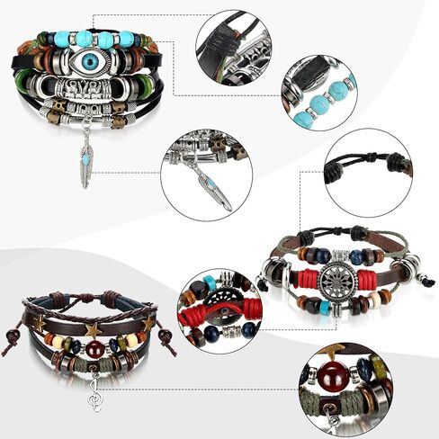 3 Pieces Womens Boho Beaded Bracelets Vintage Bohemia Beaded Bracelet Evil Eye Vintage Handmade PU Leather Bracelet Multilayer Hand Woven Wristbands Bracelet Jewelry for Men and Women in Saudi Arabia