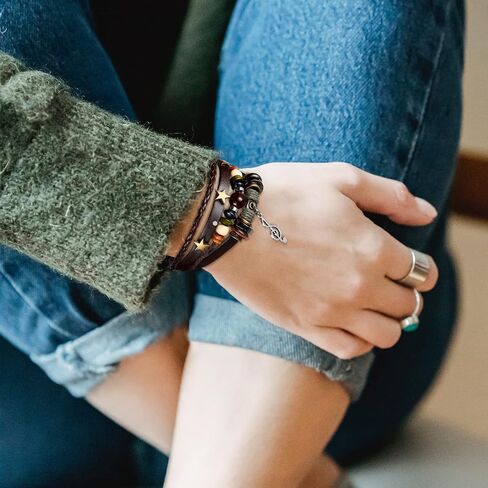 3 Pieces Womens Boho Beaded Bracelets Vintage Bohemia Beaded Bracelet Evil Eye Vintage Handmade PU Leather Bracelet Multilayer Hand Woven Wristbands Bracelet Jewelry for Men and Women in Saudi Arabia