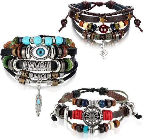 3 Pieces Womens Boho Beaded Bracelets Vintage Bohemia Beaded Bracelet Evil Eye Vintage Handmade PU Leather Bracelet Multilayer Hand Woven Wristbands Bracelet Jewelry for Men and Women in Saudi Arabia