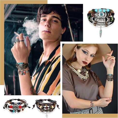 3 Pieces Womens Boho Beaded Bracelets Vintage Bohemia Beaded Bracelet Evil Eye Vintage Handmade PU Leather Bracelet Multilayer Hand Woven Wristbands Bracelet Jewelry for Men and Women in Saudi Arabia