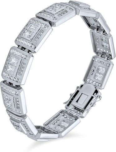 Bling Jewelry Statement Invisible Cut Cubic Zirconia AAA CZ Link Bracelet for Men Rhodium Plated Brass in Saudi Arabia