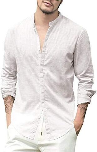 JEKAOYI Mens Casual Long Sleeve Cotton Linen Shirts Buttons Down Solid Plain Roll-Up Sleeve Summer Beach Shirts in Saudi Arabia