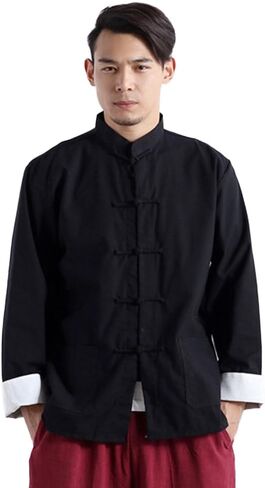 Idopy Men's Chinese Traditional Linen Cotton Tai Chi Kung Fu Mandarin Collar Frog-Button Shirt in Kuwait