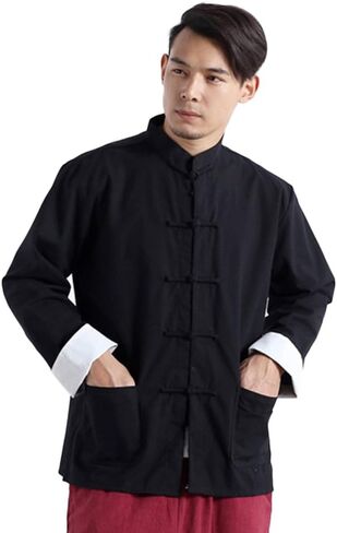 Idopy Men's Chinese Traditional Linen Cotton Tai Chi Kung Fu Mandarin Collar Frog-Button Shirt in Kuwait