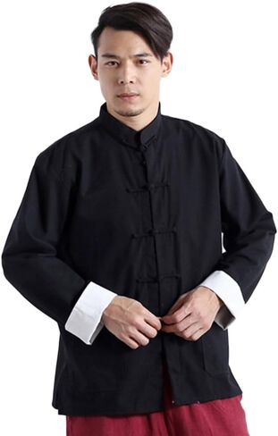 Idopy Men's Chinese Traditional Linen Cotton Tai Chi Kung Fu Mandarin Collar Frog-Button Shirt in Kuwait