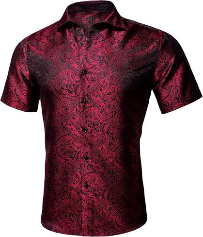 Men's Silk Shirt Paisley Floral Jacquard Short Sleeve Button Down Dress Shirts Formal Casual Wedding Party in Kuwait