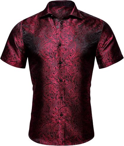 Men's Silk Shirt Paisley Floral Jacquard Short Sleeve Button Down Dress Shirts Formal Casual Wedding Party in Kuwait
