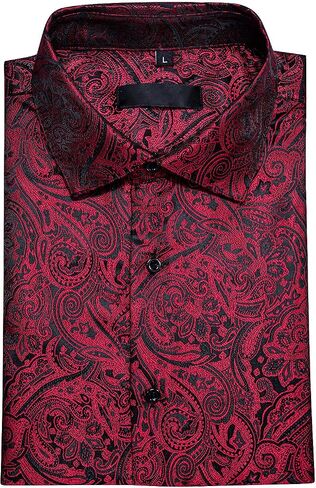 Men's Silk Shirt Paisley Floral Jacquard Short Sleeve Button Down Dress Shirts Formal Casual Wedding Party in Kuwait