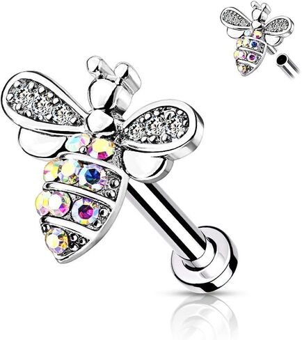 Amelia Fashion 16 Micro CZ Paved Bee with AB Crystals Internally Threaded 316L Surgical Steel for Labret, Monroe, Cartilage, and More in Saudi Arabia