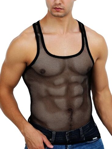 قميص رجالي شبكي بدون أكمام من Tchumum، قميص شبكي شبكي، قميص داخلي شفاف بدون أكمام للعضلات، صدرية للتمرين، ملابس نادي مجوفة مثيرة in Kuwait