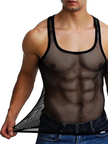 قميص رجالي شبكي بدون أكمام من Tchumum، قميص شبكي شبكي، قميص داخلي شفاف بدون أكمام للعضلات، صدرية للتمرين، ملابس نادي مجوفة مثيرة in Kuwait