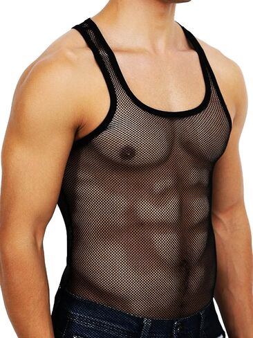 قميص رجالي شبكي بدون أكمام من Tchumum، قميص شبكي شبكي، قميص داخلي شفاف بدون أكمام للعضلات، صدرية للتمرين، ملابس نادي مجوفة مثيرة in Kuwait