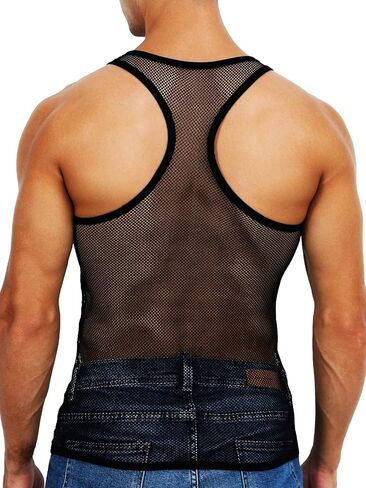 قميص رجالي شبكي بدون أكمام من Tchumum، قميص شبكي شبكي، قميص داخلي شفاف بدون أكمام للعضلات، صدرية للتمرين، ملابس نادي مجوفة مثيرة in Kuwait